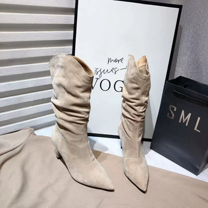 Single boots nubuck genuine leather pleated pile boots for women 2024 new sexy stiletto heel pointed toe western short boots high boots