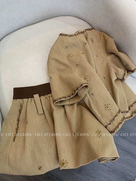 Khaki French heavy beaded short-sleeved suit for women summer 2025 new style high-end temperament celebrity slim two-piece suit