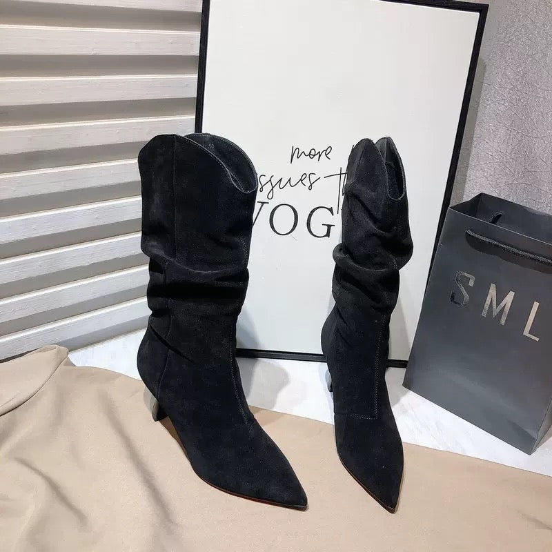 Single boots nubuck genuine leather pleated pile boots for women 2024 new sexy stiletto heel pointed toe western short boots high boots