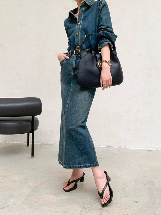 Dimple custom retro long-sleeved denim dress for women early autumn 2024 new style waist slimming temperament hip-covering long skirt