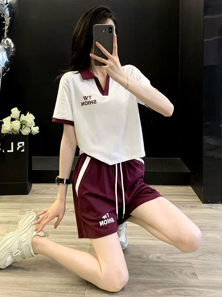 Western style fashion sports suit women summer 2025 Korean version V-neck short-sleeved shorts two-piece suit casual ins trend running