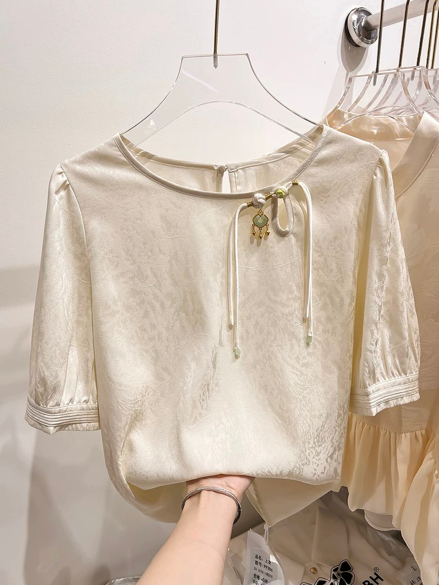 2024 new style retro round neck button decoration relief Chinese style short-sleeved chiffon shirt female summer thin top