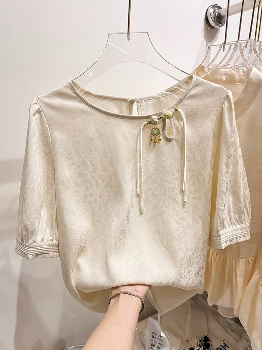 2024 new style retro round neck button decoration relief Chinese style short-sleeved chiffon shirt female summer thin top