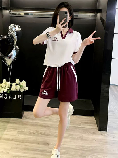 Western style fashion sports suit women summer 2025 Korean version V-neck short-sleeved shorts two-piece suit casual ins trend running