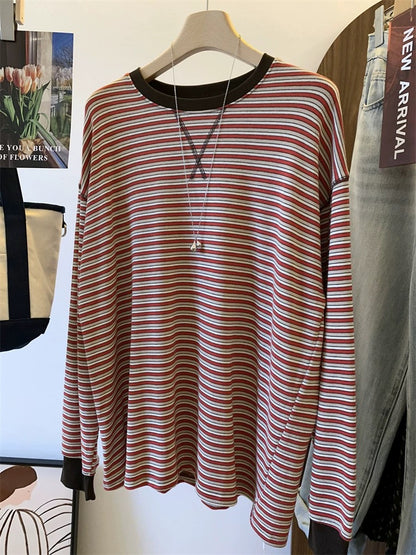 Striped loose large version of the bright line fashion women's long-sleeved autumn T-shirt Korean style retro slim top