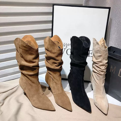 Single boots nubuck genuine leather pleated pile boots for women 2024 new sexy stiletto heel pointed toe western short boots high boots
