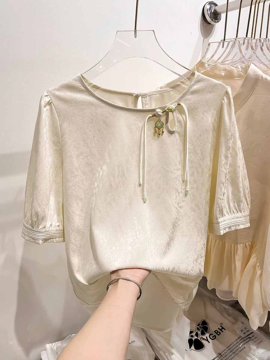 2024 new style retro round neck button decoration relief Chinese style short-sleeved chiffon shirt female summer thin top