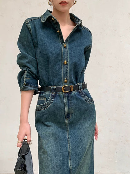 Dimple custom retro long-sleeved denim dress for women early autumn 2024 new style waist slimming temperament hip-covering long skirt