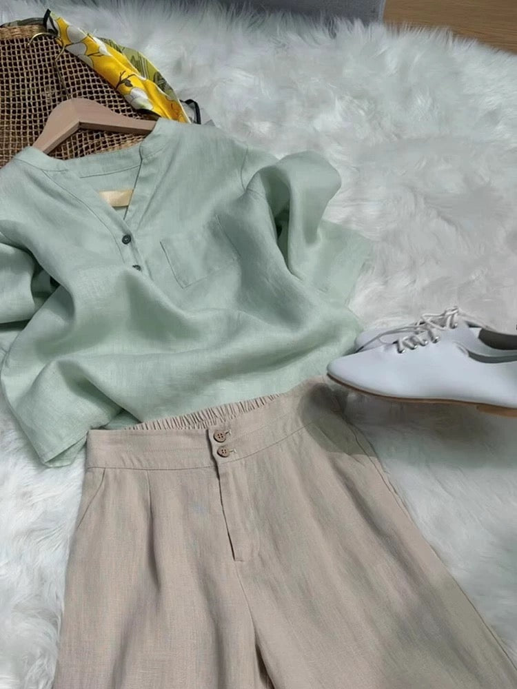 This year's trend is beautiful and high-end mint Mambo style green cotton and linen shirt casual pants suit for women in summer