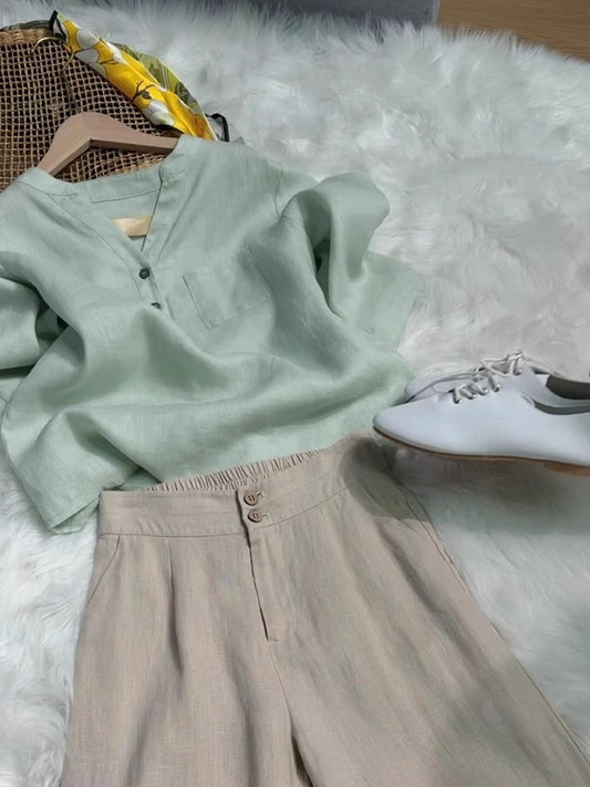 This year's trend is beautiful and high-end mint Mambo style green cotton and linen shirt casual pants suit for women in summer