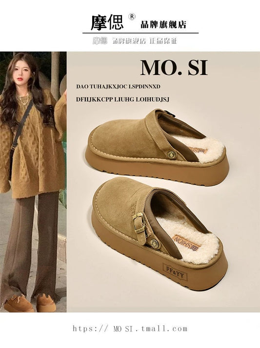 Thick-soled Birkenstock shoes, furry slippers for women, 2024 new autumn and winter one-leg snow boots, plus velvet toe cotton slippers