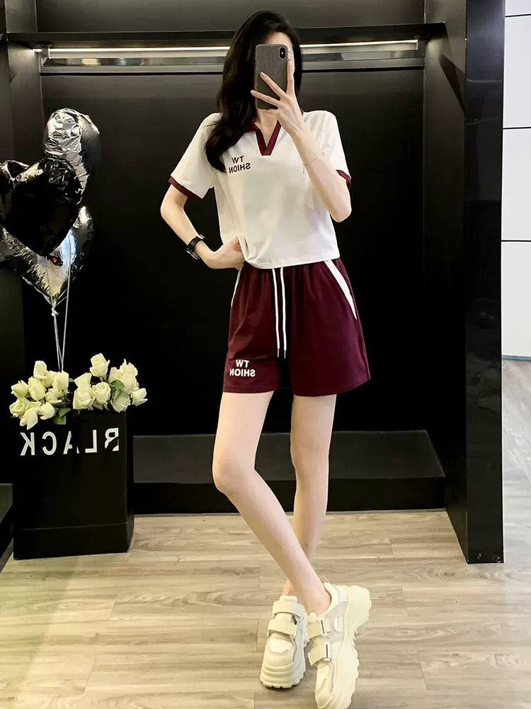 Western style fashion sports suit women summer 2025 Korean version V-neck short-sleeved shorts two-piece suit casual ins trend running