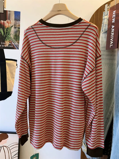Striped loose large version of the bright line fashion women's long-sleeved autumn T-shirt Korean style retro slim top