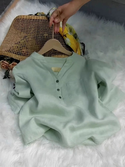 This year's trend is beautiful and high-end mint Mambo style green cotton and linen shirt casual pants suit for women in summer