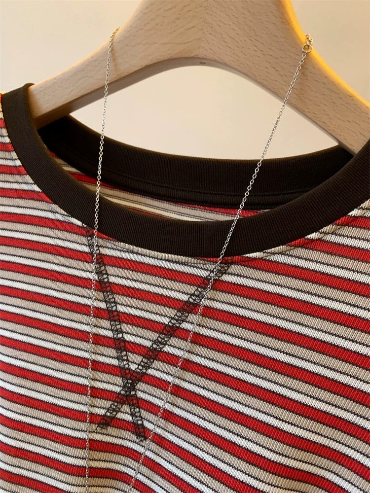 Striped loose large version of the bright line fashion women's long-sleeved autumn T-shirt Korean style retro slim top
