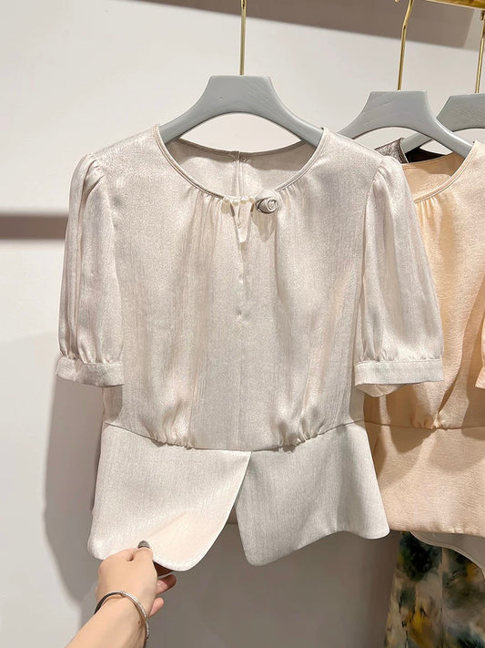 2024 new style temperament slim round neck beaded three-dimensional flower solid color short-sleeved short tops for women summer