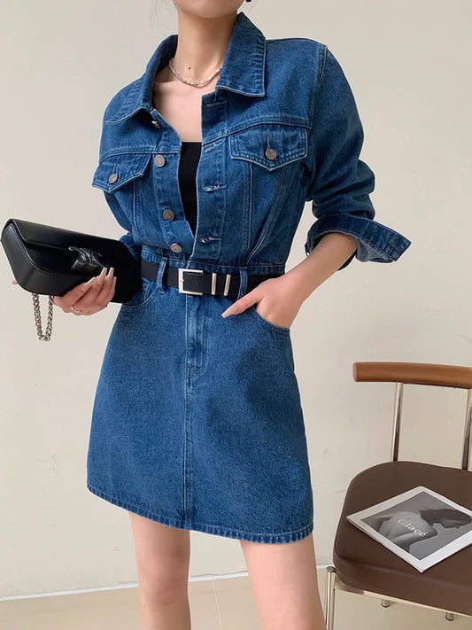 JWUNIQUE retro blue long-sleeved denim dress women's early autumn 2024 new waist slimming short skirt