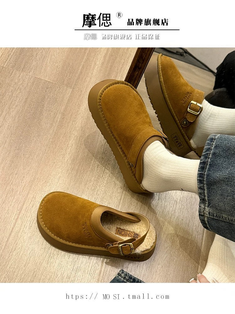 Thick-soled Birkenstock shoes, furry slippers for women, 2024 new autumn and winter one-leg snow boots, plus velvet toe cotton slippers