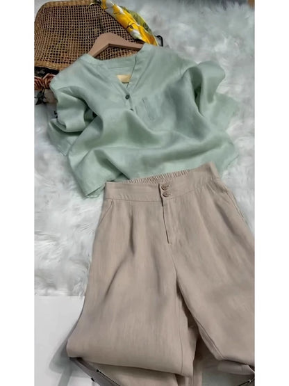 This year's trend is beautiful and high-end mint Mambo style green cotton and linen shirt casual pants suit for women in summer