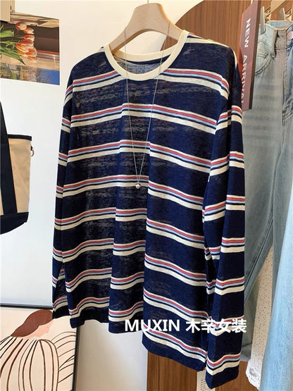 Thin color matching retro striped loose snowflake cotton summer fashion personality women's long-sleeved sun protection T-shirt