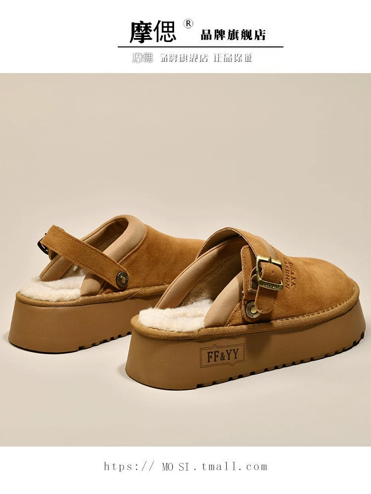 Thick-soled Birkenstock shoes, furry slippers for women, 2024 new autumn and winter one-leg snow boots, plus velvet toe cotton slippers
