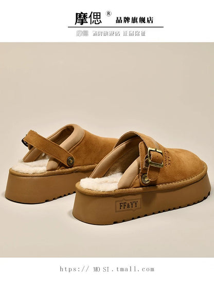 Thick-soled Birkenstock shoes, furry slippers for women, 2024 new autumn and winter one-leg snow boots, plus velvet toe cotton slippers