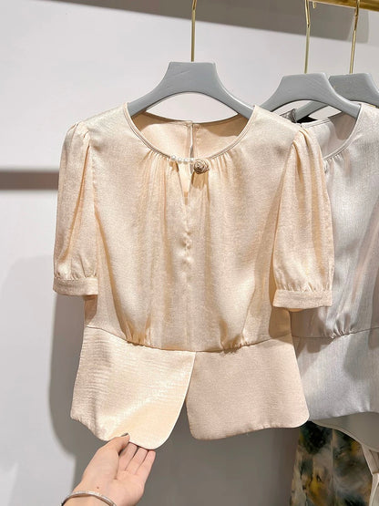 2024 new style temperament slim round neck beaded three-dimensional flower solid color short-sleeved short tops for women summer