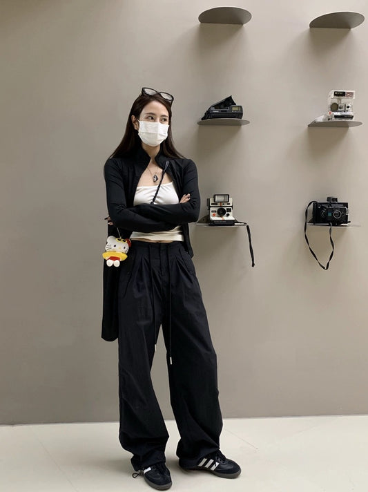 Stay 1992 Summer Black Parachute American Overalls Women's Versatile Thin Drawstring Two-Wear Straight Pants Women