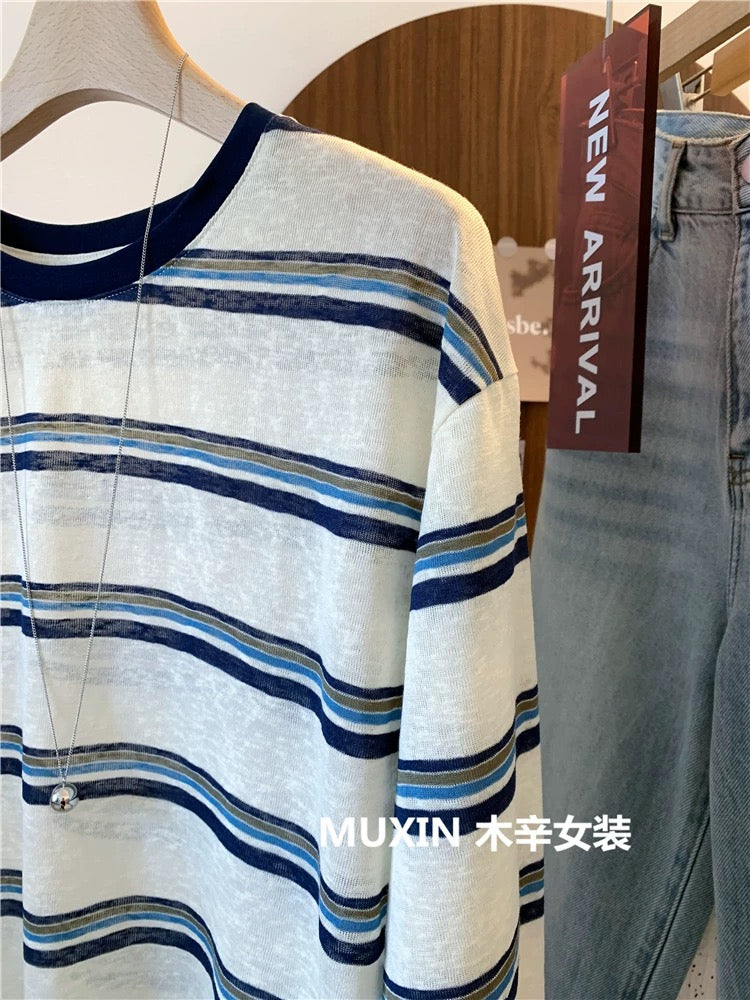 Thin color matching retro striped loose snowflake cotton summer fashion personality women's long-sleeved sun protection T-shirt