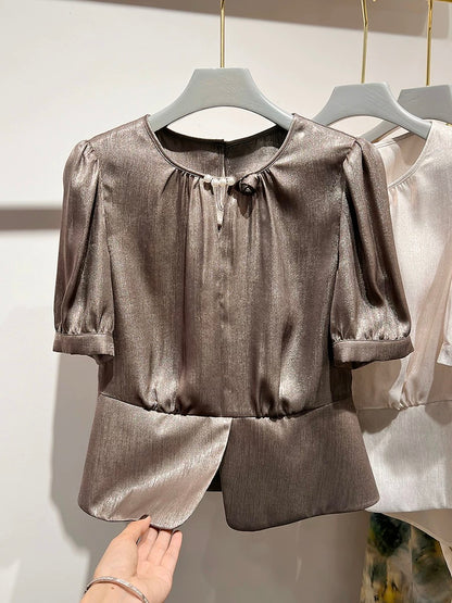 2024 new style temperament slim round neck beaded three-dimensional flower solid color short-sleeved short tops for women summer