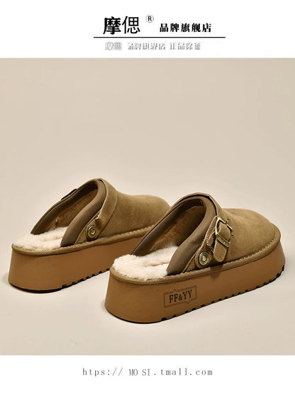 Thick-soled Birkenstock shoes, furry slippers for women, 2024 new autumn and winter one-leg snow boots, plus velvet toe cotton slippers
