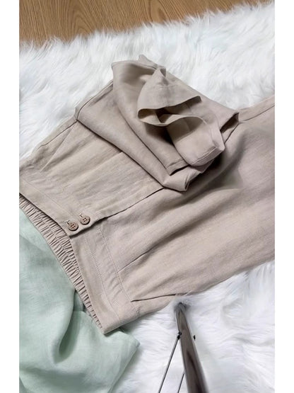 This year's trend is beautiful and high-end mint Mambo style green cotton and linen shirt casual pants suit for women in summer