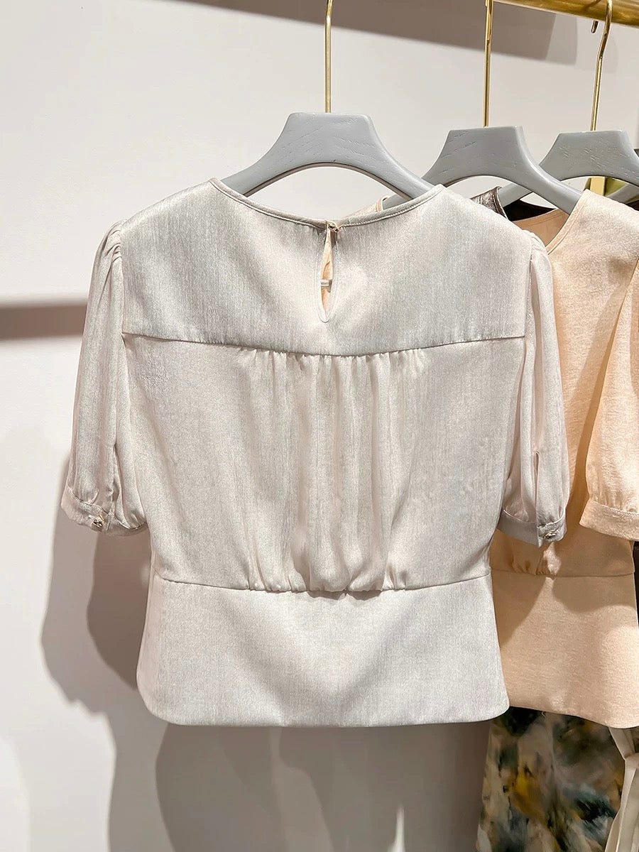 2024 new style temperament slim round neck beaded three-dimensional flower solid color short-sleeved short tops for women summer