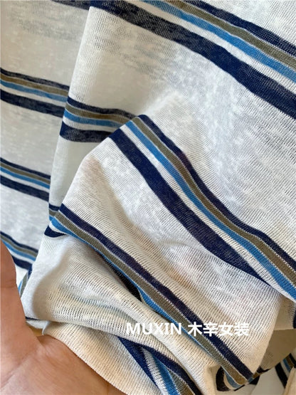 Thin color matching retro striped loose snowflake cotton summer fashion personality women's long-sleeved sun protection T-shirt