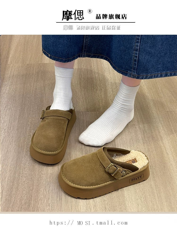 Thick-soled Birkenstock shoes, furry slippers for women, 2024 new autumn and winter one-leg snow boots, plus velvet toe cotton slippers