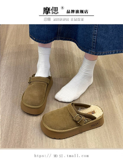 Thick-soled Birkenstock shoes, furry slippers for women, 2024 new autumn and winter one-leg snow boots, plus velvet toe cotton slippers