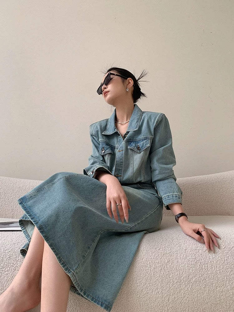 JWUNIQUE retro denim dress women's early autumn 2024 new design waist mid-length long-sleeved skirt