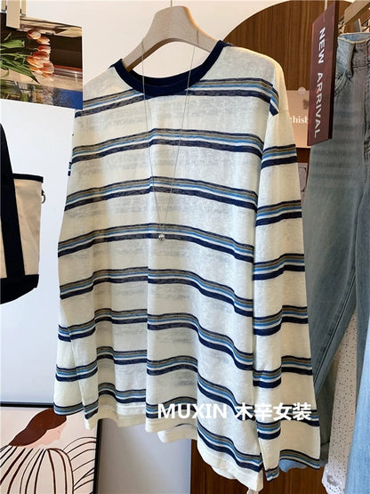 Thin color matching retro striped loose snowflake cotton summer fashion personality women's long-sleeved sun protection T-shirt