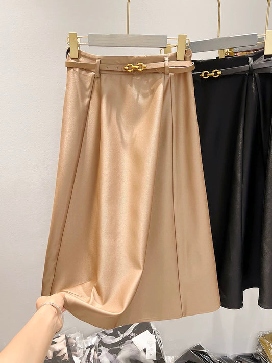 2023 new style temperament slim with belt solid color medium and long high waist A-line skirt female autumn suit skirt