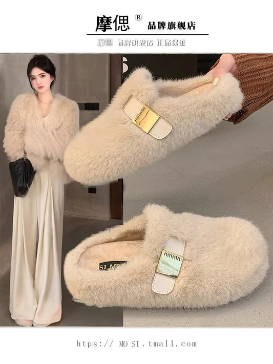 Mink fur thick-soled heightening fur slippers for women's outer wear 2024 new autumn and winter high-end plush toe cotton slippers