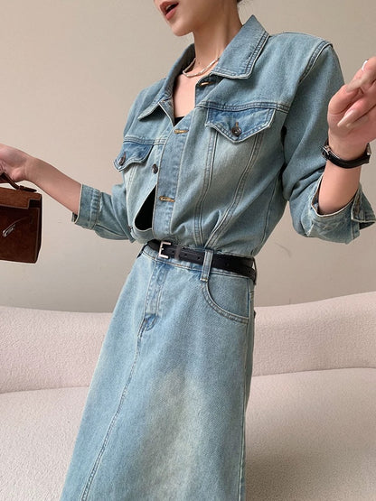 JWUNIQUE retro denim dress women's early autumn 2024 new design waist mid-length long-sleeved skirt