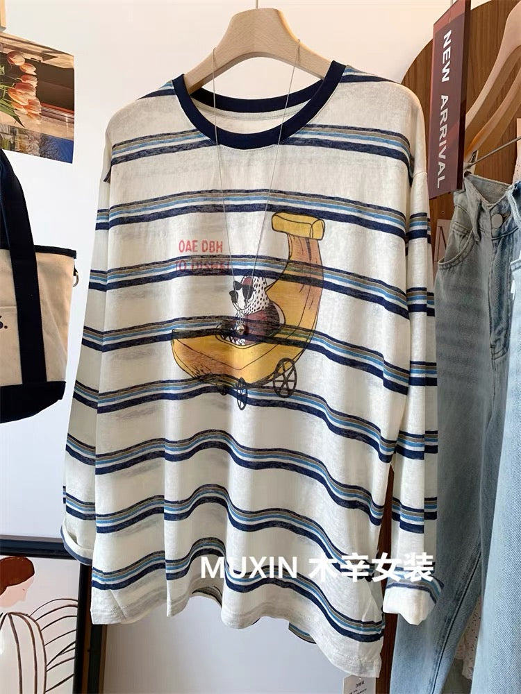Banana Dog Print Early Autumn Thin Loose Breathable Korean Cartoon Women's Striped Long Sleeve Sunscreen T-shirt