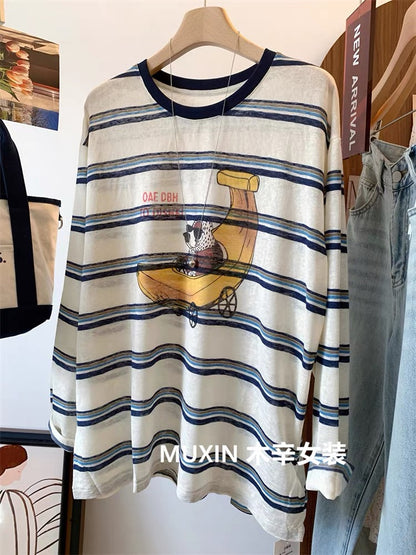 Banana Dog Print Early Autumn Thin Loose Breathable Korean Cartoon Women's Striped Long Sleeve Sunscreen T-shirt