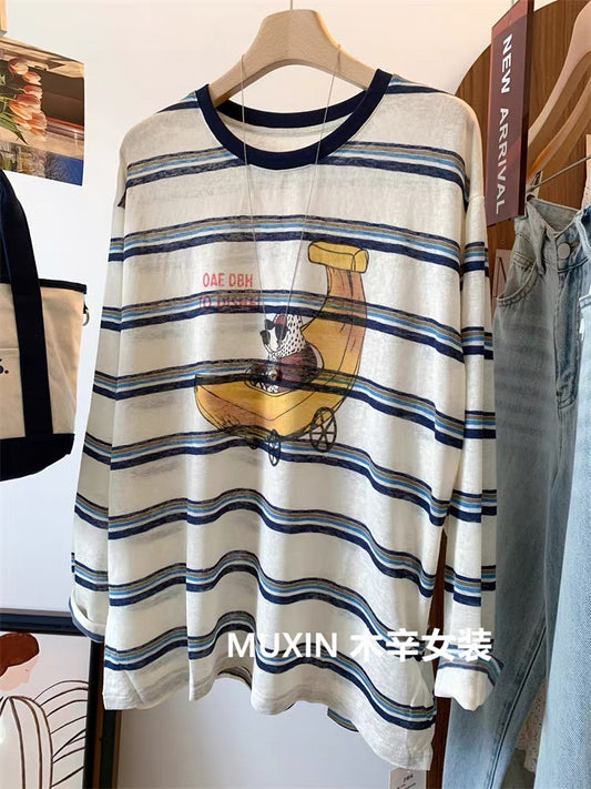 Banana Dog Print Early Autumn Thin Loose Breathable Korean Cartoon Women's Striped Long Sleeve Sunscreen T-shirt