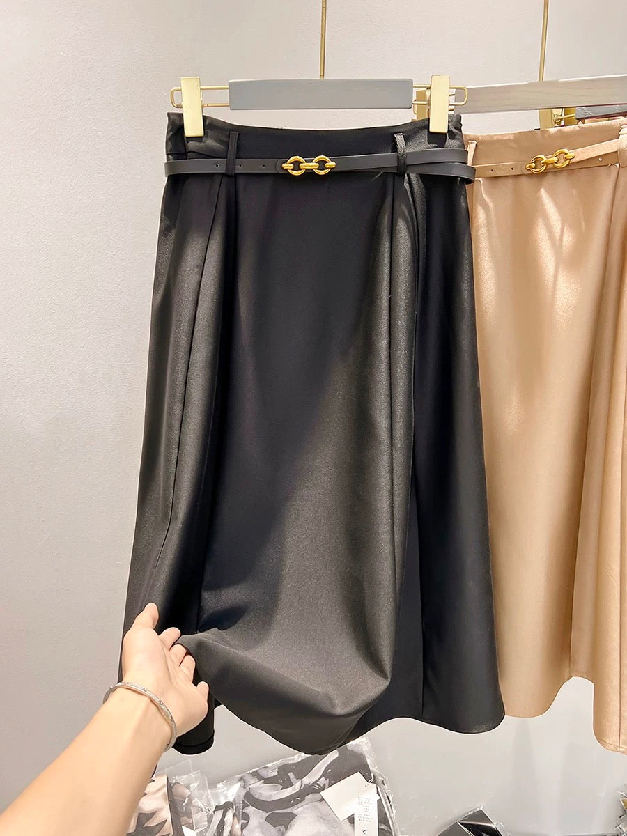 2023 new style temperament slim with belt solid color medium and long high waist A-line skirt female autumn suit skirt