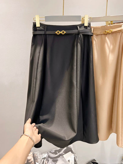 2023 new style temperament slim with belt solid color medium and long high waist A-line skirt female autumn suit skirt
