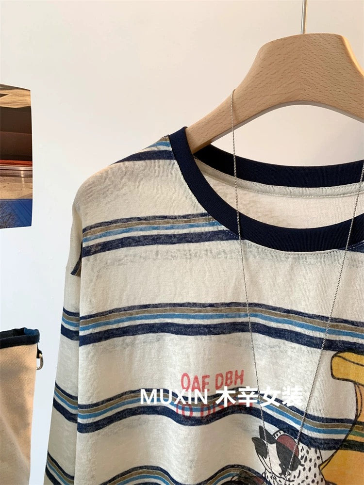 Banana Dog Print Early Autumn Thin Loose Breathable Korean Cartoon Women's Striped Long Sleeve Sunscreen T-shirt