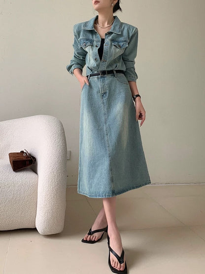 JWUNIQUE retro denim dress women's early autumn 2024 new design waist mid-length long-sleeved skirt