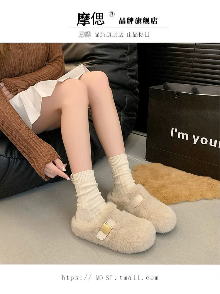 Mink fur thick-soled heightening fur slippers for women's outer wear 2024 new autumn and winter high-end plush toe cotton slippers