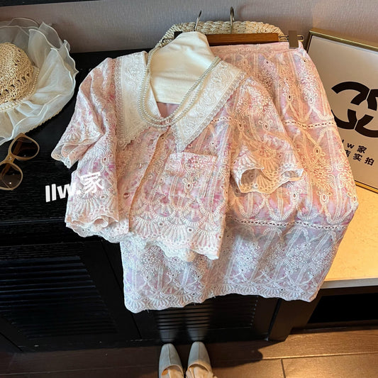 style suit pink age-reducing doll collar lace embroidery lace shirt short-sleeved mid-length skirt two-piece suit